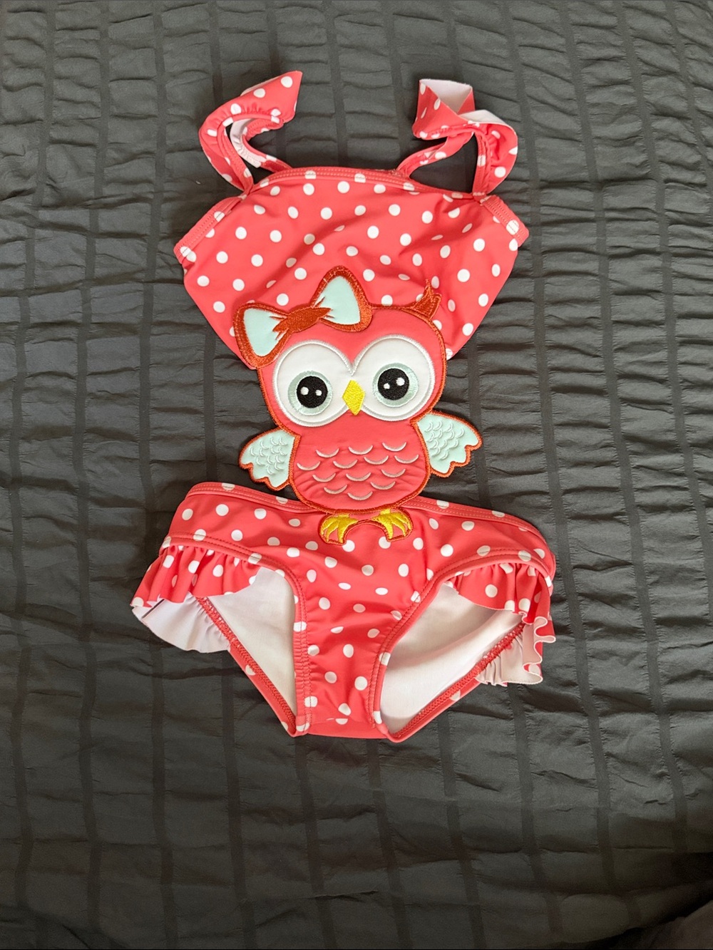 Girls Coral Polka Dot Owl One-Piece Swimsuit